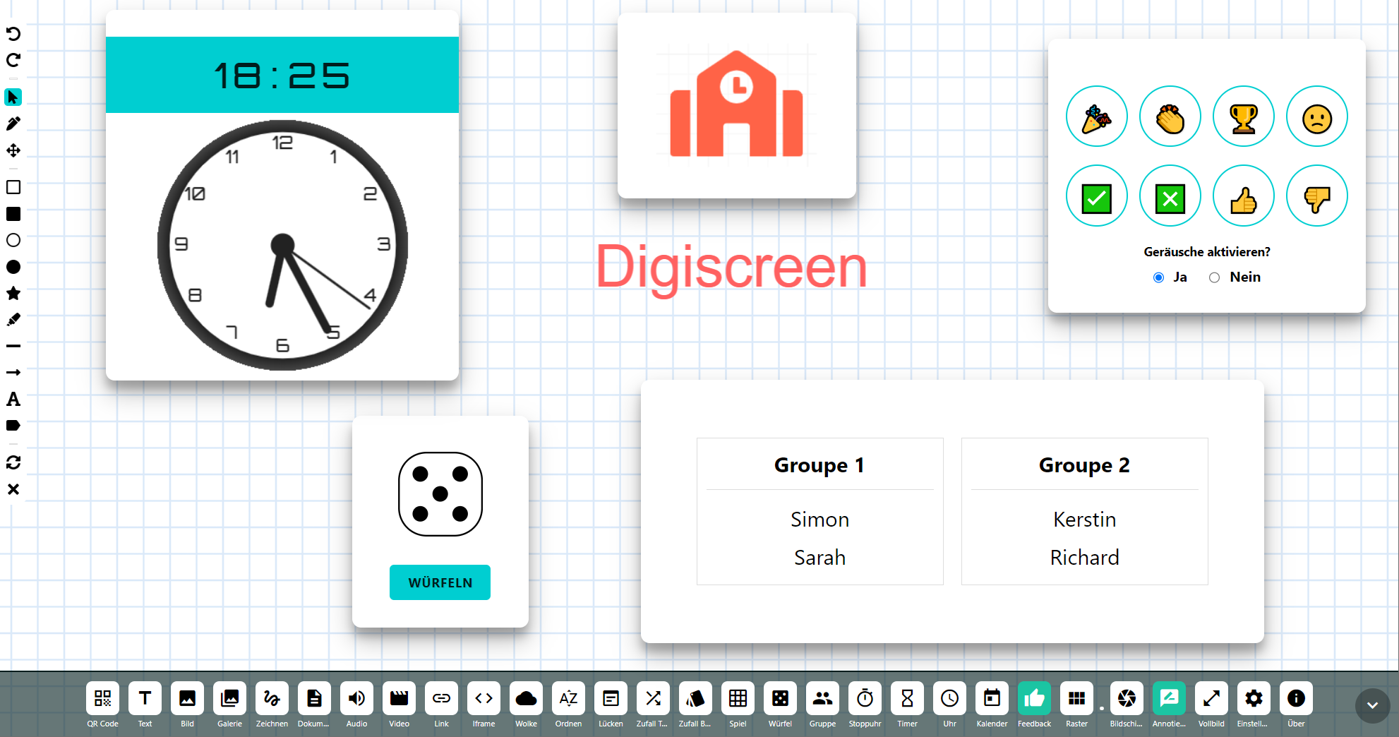 Digitale Tafel mit Uhr, Würfel, Feedback-Buttons und Gruppeneinteilung